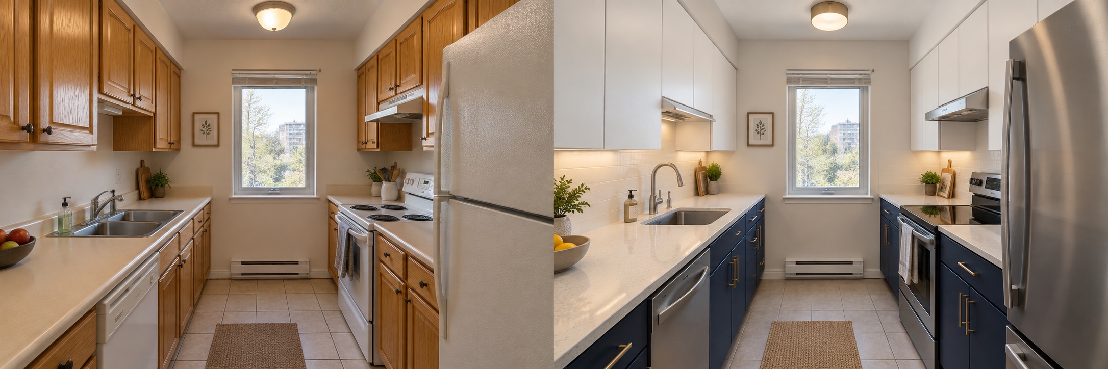Kitchen after concept: modern cabinets, pale counters and task lighting