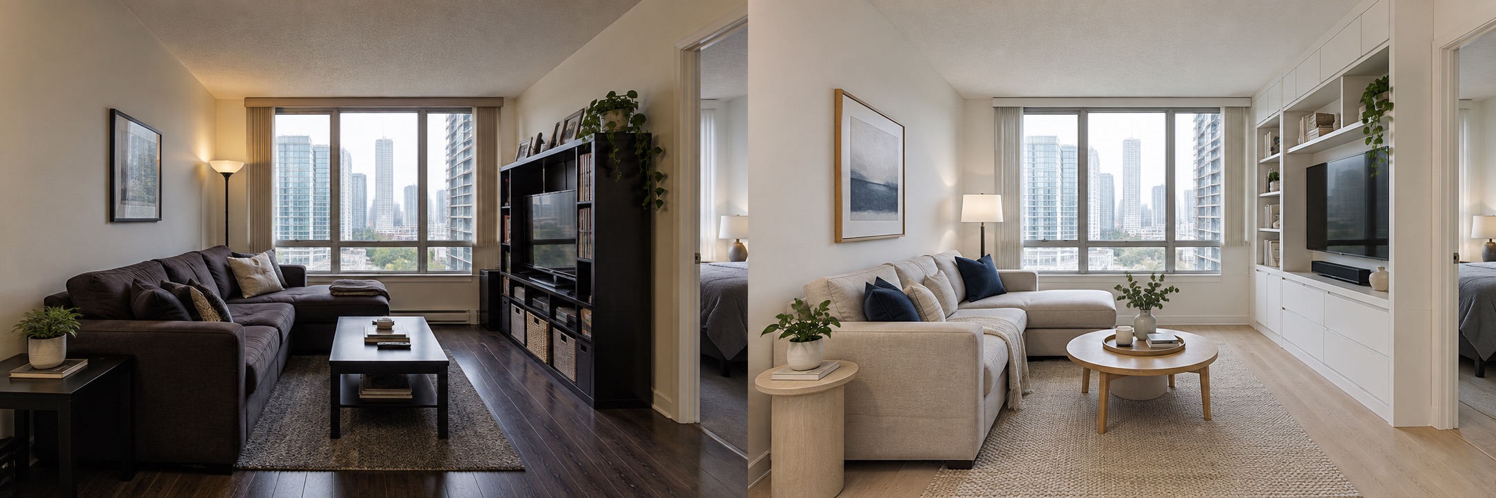 Living room after concept: light flooring, simple furniture and wall storage